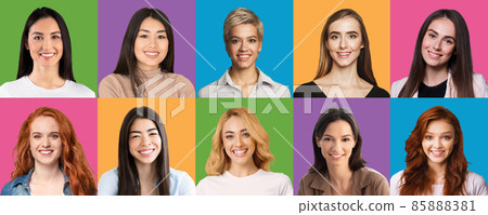 Portraits of cheerful multiracial women posing on colorful backgrounds 85888381