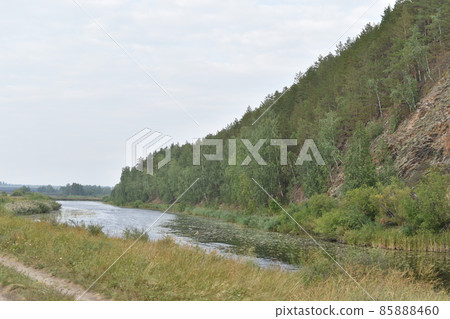 River and mountain with trees in the steppe field River and mountain with trees in the steppe field 85888460