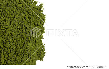 Chlorella green powder border isolated on a white background. Spirulina or barley powder. Superfood. Natural supplement. Copy space, top view 85888806