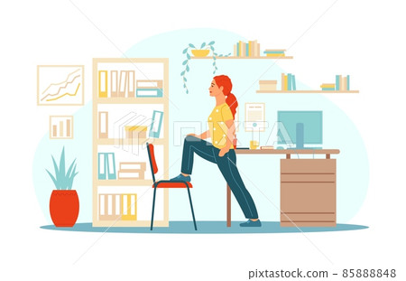 Workplace physical exercises. Home office fitness. Woman does physical workout. Helpful break during work. Training with furniture. Person stands in stretching pose. Vector concept Workplace physical exercises. Home office fitness. Woman does physical workout. Helpful break during work. Training with furniture. Person stands in stretching pose. Vector concept 85888848
