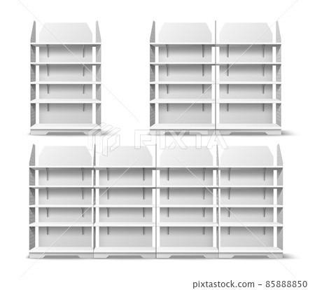 Store shelves. Realistic modular merchandising shelving. Front view of isolated racks. 3D markets stands. Bookcase furniture for products presentation. Vector supermarket showcases set Store shelves. Realistic modular merchandising shelving. Front view of isolated racks. 3D markets stands. Bookcase furniture for products presentation. Vector supermarket showcases set 85888850