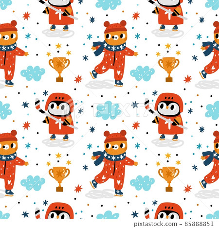 Sport animals seamless pattern. Cute athletes and gold winner cups. Figure skating and ice hockey. Penguin and bear on skates. Winter sportive games and exercises. Vector background Sport animals seamless pattern. Cute athletes and gold winner cups. Figure skating and ice hockey. Penguin and bear on skates. Winter sportive games and exercises. Vector background 85888851