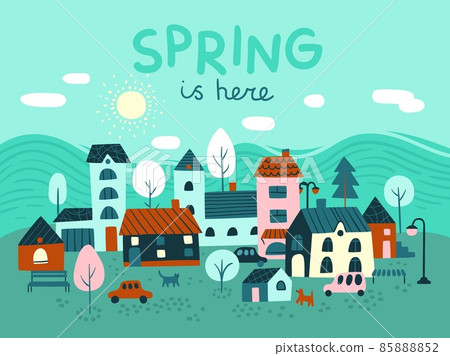 Small houses city. Little huge town. Spring season mood downtown banner. Cute buildings and cars. Trees and pets. Urban landscape background. Beautiful village. Vector springtime poster Small houses city. Little huge town. Spring season mood downtown banner. Cute buildings and cars. Trees and pets. Urban landscape background. Beautiful village. Vector springtime poster 85888852