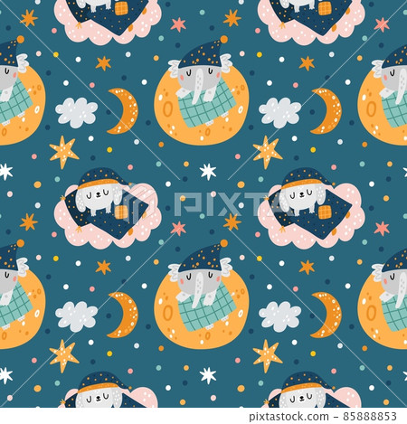 Seamless sleeping animals. Funny characters in nightcaps. Cute pattern with fauna napping under blankets. Sweet dreams on clouds or moon. Elephant and puppy in pajamas. Vector background 85888853