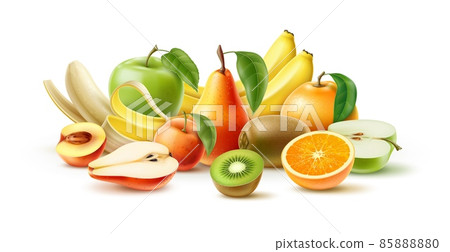 Juicy fruit. 3D appetizing fresh pear, bananas and apples. Whole and half peach. Vitamin kiwi and orange. Realistic natural vegetarian food. Plant products composition. Vector concept 85888880