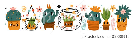 Funny cactus. Home plants in pots or different florariums. Kawaii succulents with cute faces in terrariums. Desert cacti in flowerpot. Cartoon floral characters. Vector houseplants set 85888913