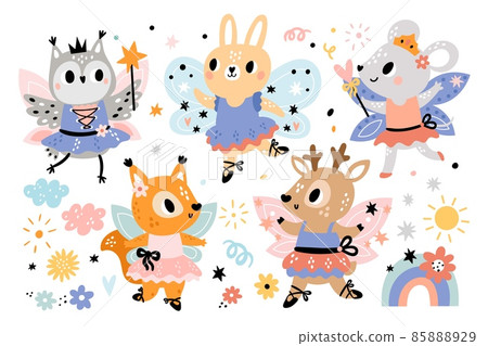 Fairy ballerinas animals. Cute sorceresses characters with wings and magic wands. Little beautiful princesses in fancy dresses. Dancing squirrels and rabbits. Vector ballet dancers set Fairy ballerinas animals. Cute sorceresses characters with wings and magic wands. Little beautiful princesses in fancy dresses. Dancing squirrels and rabbits. Vector ballet dancers set 85888929