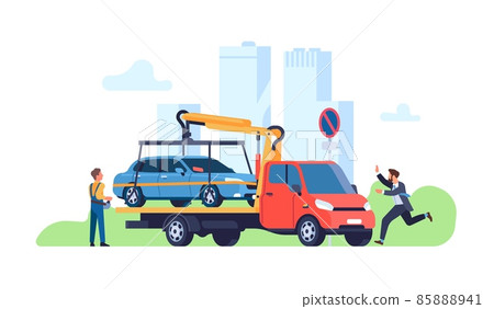 Car evacuator. Parking violations consequences. Driver catches up with automobile. Forced transportation of vehicle. Transport evacuation. Tow truck takes auto away. Vector concept Car evacuator. Parking violations consequences. Driver catches up with automobile. Forced transportation of vehicle. Transport evacuation. Tow truck takes auto away. Vector concept 85888941