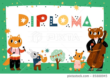 Animals kids diploma. Childish certificate. Cute musicians with cello and saxophone. Music class graduation. Funny band. Cartoon quartet plays instruments. Vector achievement document 85888945