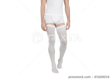 Compression Hosiery for surgery isolated on white. Medical stockings, tights for varicose veins therapy. Embolism deterrent hose or anti-embolism stockings. Compression Hosiery for surgery isolated on white. Medical stockings, tights for varicose veins therapy. Embolism deterrent hose or anti-embolism stockings. 85889058