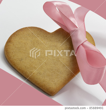 heart shaped cookie purple ribbon white and purple background. Valentine Day, greeting card, pastry, Copy space, top view, love concept, Engagement, horizontal, valentine holiday february 14 85889491
