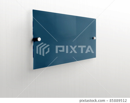Blank dark blue rectangle Transparent glass office corporate Signage plate Mock Up Template, Clear Printing board for Branding, Logo. Acrylic advertising signboard mockup side view. 85889512