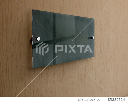 Blank dark green rectangle Transparent glass office corporate Signage plate Mock Up Template, Clear Printing board for Branding, Logo. Acrylic advertising signboard mockup side view. 85889514