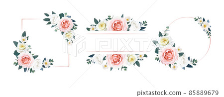 Elegant, editable vector floral frame, border set. Wedding invite, greeting, banner, save the date, poster template. Pale pink, yellow, ivory, white roses, emerald green eucalyptus leaves illustration 85889679