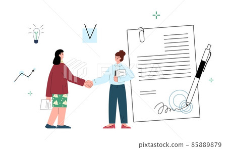 Two business women sign contract and shake hands, cartoon flat vector illustration on white background. Two business women sign contract and shake hands, cartoon flat vector illustration on white background. 85889879