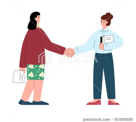 Two office women shake hands, business partners cooperate - flat vector illustration isolated on white background. 85889880