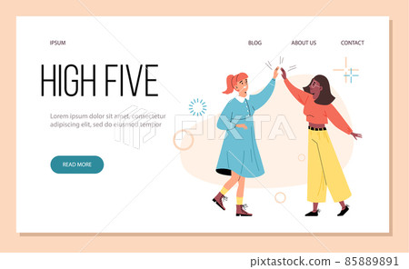 Women congratulate each other with high five, web banner template - flat vector illustration. Women congratulate each other with high five, web banner template - flat vector illustration. 85889891
