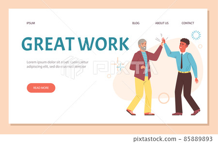Colleagues men clap hands and congratulate each other with great work - landing page flat vector illustration. Colleagues men clap hands and congratulate each other with great work - landing page flat vector illustration. 85889893