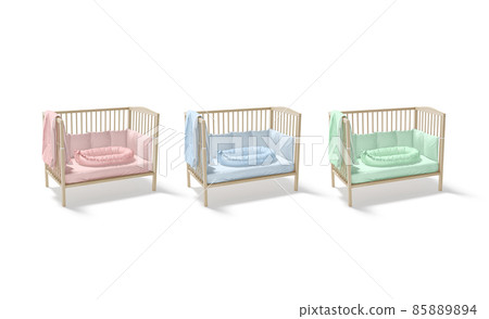 Blank wood cot with colored crib sheet and nest mockup Blank wood cot with colored crib sheet and nest mockup 85889894