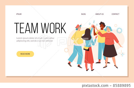 Team of cheerful colleagues high five each other - landing page template in flat style, vector illustration. Team of cheerful colleagues high five each other - landing page template in flat style, vector illustration. 85889895