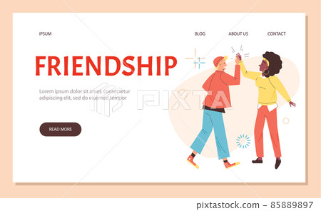 Two happy friends greet each other with high five, web banner template - flat vector illustration. Two happy friends greet each other with high five, web banner template - flat vector illustration. 85889897
