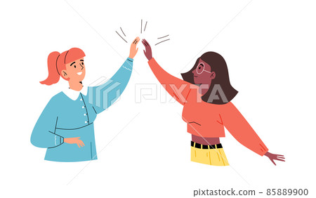 Happy women clap hands, friends meet each other - flat vector illustration isolated on white background. Happy women clap hands, friends meet each other - flat vector illustration isolated on white background. 85889900