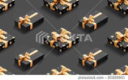 Black gift box with gold bow seamless pattern, dark background Black gift box with gold bow seamless pattern, dark background 85889901