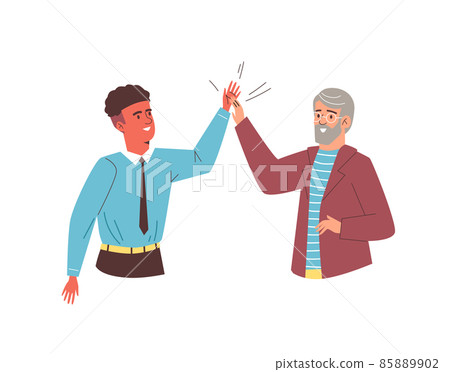 Two men greet each other in the office at work, flat vector illustration isolated on white background. Two men greet each other in the office at work, flat vector illustration isolated on white background. 85889902