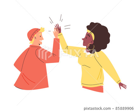 Man and woman greet each other by clapping hands, flat vector illustration isolated on white background. Man and woman greet each other by clapping hands, flat vector illustration isolated on white background. 85889906