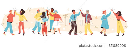 Cheerful people give each other high five, concept of friendship and togetherness - flat vector illustration on white. Cheerful people give each other high five, concept of friendship and togetherness - flat vector illustration on white. 85889908
