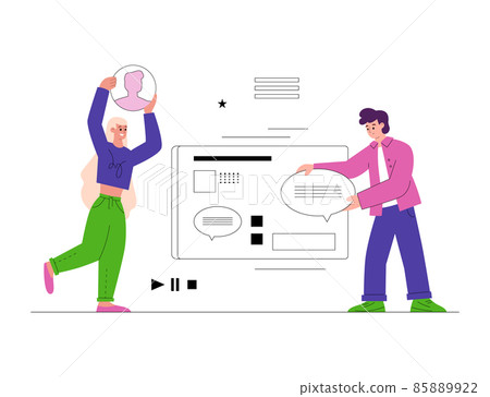 Man and woman web designers create user interface for app, flat vector illustration isolated on white background. Man and woman web designers create user interface for app, flat vector illustration isolated on white background. 85889922