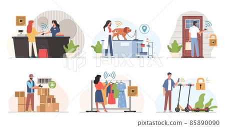 Radio frequency identification technology. Electronic tags, automatic detection, people with scanners, payments and door opening, delivery and shopping business automatization vector set Radio frequency identification technology. Electronic tags, automatic detection, people with scanners, payments and door opening, delivery and shopping business automatization vector set 85890090