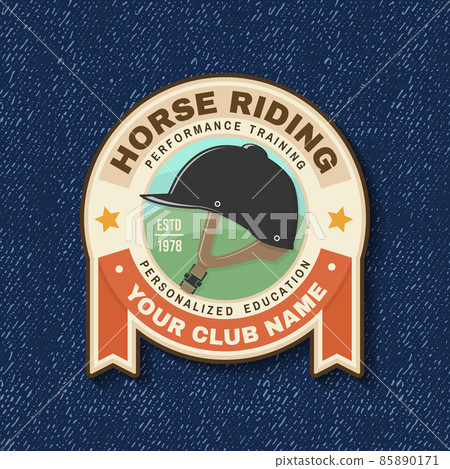 Horse riding sport club badge, patch, emblem, logo. Vector illustration. Vintage equestrian label, sticker with helmet silhouettes. Horse riding sport club badge, patch, emblem, logo. Vector illustration. Vintage equestrian label, sticker with helmet silhouettes. 85890171