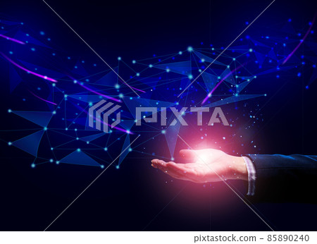world wide web internet with connections and female hand. Wireless coverage of the planet 85890240