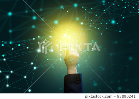 world wide web internet with connections and female hand. Wireless coverage of the planet 85890241