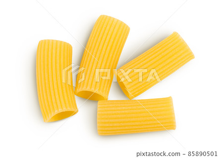 raw italian Rigatoni pasta isolated on white background with clipping path and full depth of field. Top view. Flat lay 85890501