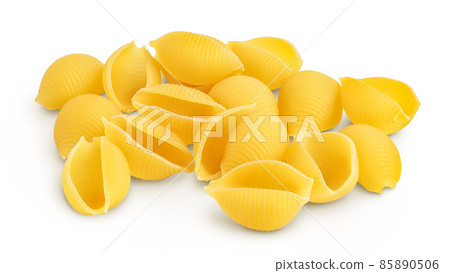 Uncooked dried conchiglie. Raw organic shell pasta isolated on white bachground with clipping path and full depth of field 85890506