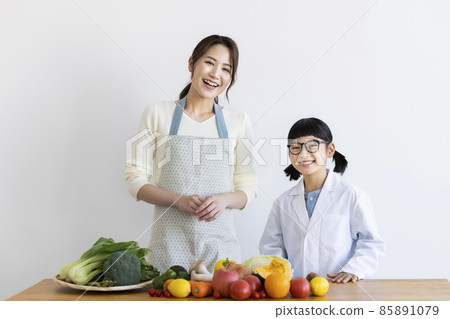 Girl in a lab coat and a housewife Girl in a lab coat and a housewife 85891079