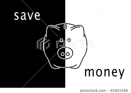 Drawn piggy bank on black and white background with the text "save money" Drawn piggy bank on black and white background with the text "save money" 85891496