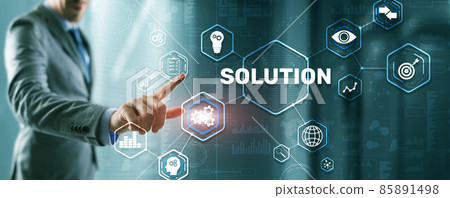 Solution. Businessman pressing on touch screen interface inscription Solutions. Business concept. Internet concept Solution. Businessman pressing on touch screen interface inscription Solutions. Business concept. Internet concept 85891498