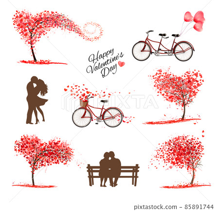 Set of Valentine's Day symbols and icons. Heart shaped tree, couple in love on a bench, bicycle with a red ballons and tree with heart-shaped leaves. Vector Set of Valentine's Day symbols and icons. Heart shaped tree, couple in love on a bench, bicycle with a red ballons and tree with heart-shaped leaves. Vector 85891744