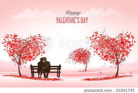 Valentine's Day holiday background with heart shape tree and couple in love on a bench. Concept of love. Vector Valentine's Day holiday background with heart shape tree and couple in love on a bench. Concept of love. Vector 85891745