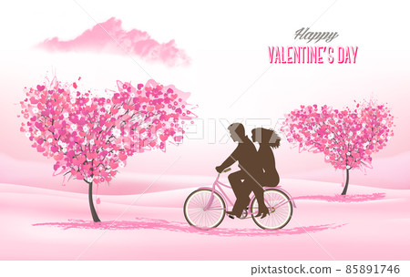 Holiday Valentine's Day background. Couple in love on a bicycle and heart shaped tree with heart-shaped leaves. Vector 85891746