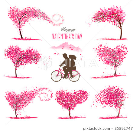 Set of Valentine's Day symbols and icons. Heart shaped trees with heart-shaped leaves, couple in love on a bicycle and pink clouds. Vector Set of Valentine's Day symbols and icons. Heart shaped trees with heart-shaped leaves, couple in love on a bicycle and pink clouds. Vector 85891747