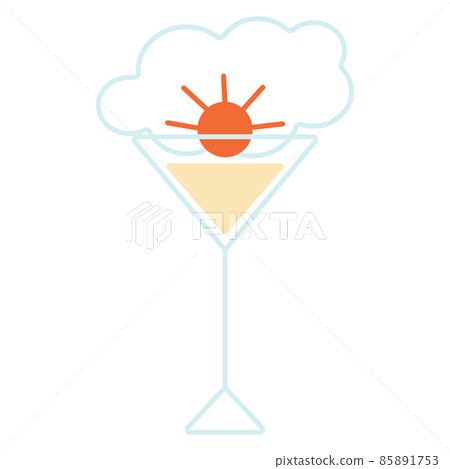 Contour drawing with colored accents of a filled cocktail glass featuring the sun and clouds on a white background. 85891753