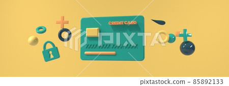 Credit card with flying geometric shapes - 3D Credit card with flying geometric shapes - 3D 85892133