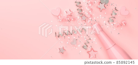 Champagne bottle with hearts and serpentines - 3D Champagne bottle with hearts and serpentines - 3D 85892145