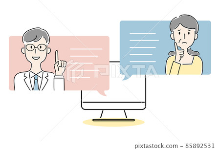 Hand-drawn style, vector illustrations of men and women talking online Hand-drawn style, vector illustrations of men and women talking online 85892531