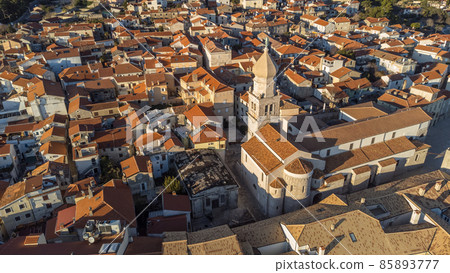 Aerial view of historic Adriatic town of Krk , Island of Krk, Kvarner bay of Adriatic sea, Croatia, Europe 85893777