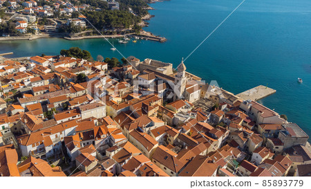 Aerial view of historic Adriatic town of Krk , Island of Krk, Kvarner bay of Adriatic sea, Croatia, Europe 85893779